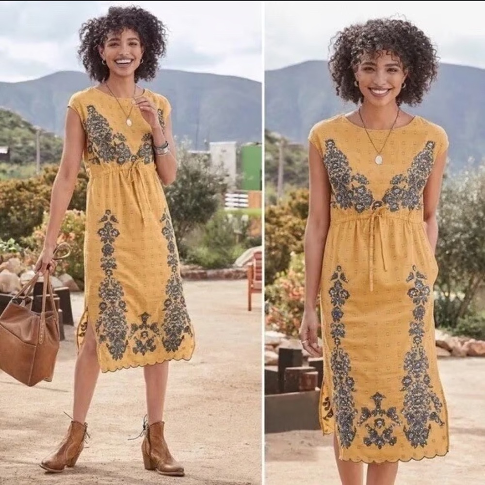 Yellow and Blue Embroidered Midi Dress